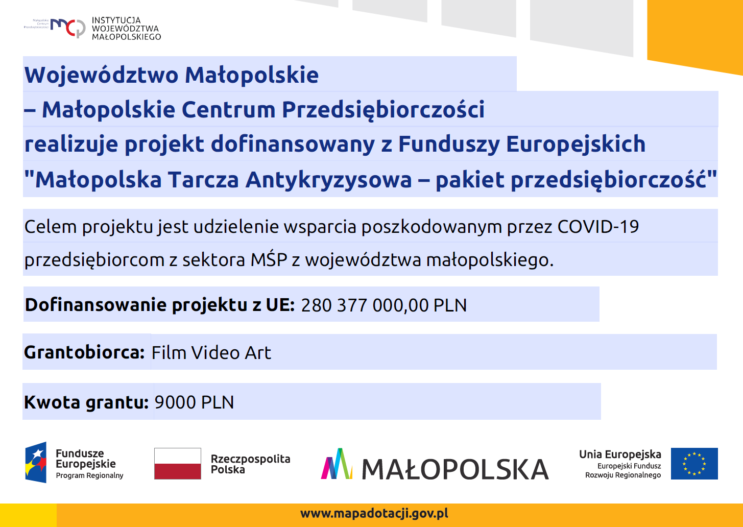 Dofinansowanie z Funduszy Europejskich "Małopolska Tarcza Antykryzysowa - pakiet przedsiębiorczość"